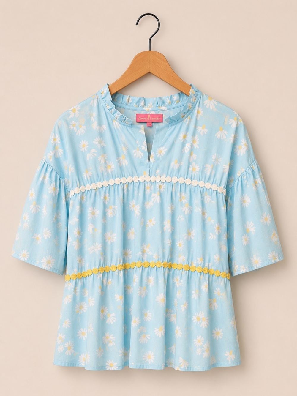 Simply Southern Sky Blue Daisy Ruffle Neck Top (rack)